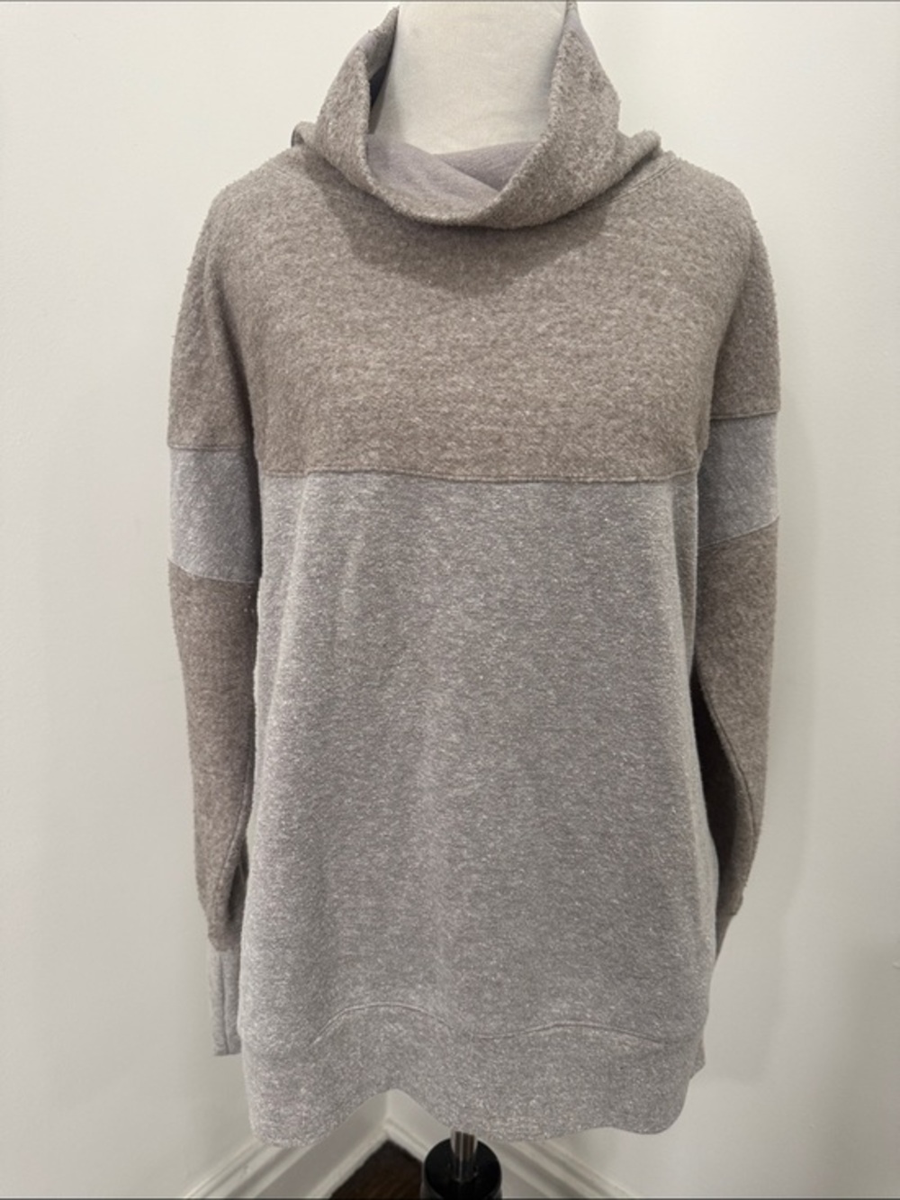 PrAna Cozy Up Colorblock Funnel Neck Sweater - Taupe & Light Gray Small